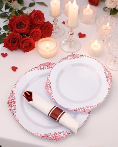 Nervure 350PCS Red Plastic Plates - White Red Plastic Dinnerware Set for 50 Guests - 100 Red Disposable Plates, 50 Pre Rolled Cutlery Set, 50 Cups Perfect for Wedding & Party & Mothers Day - color: White and Red