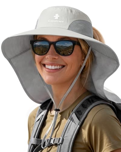 Camptrace Sun Hats for Women Men UPF 50+ UV Protection Wide Brim Hiking Fishing Hat with Neck Flap - color: Light Grey