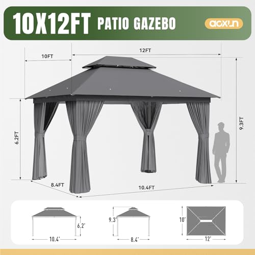 Aoxun Outdoor Gazebo for Patio 10x12, Metal Frame Canopy with Double Roofs, Heavy Duty Party Tent and Shelter with Mosquito Netting and Privacy Screen for Backyard, Lawn, Garden, Deck - color: Gray, size: 10 X 12