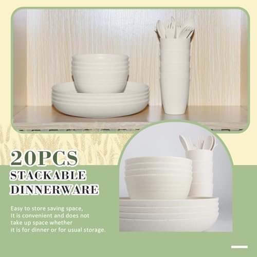 Wrova Wheat Straw Dinnerware Sets of 20,Dishwasher Safe Kitchen Plates and Bowls Sets,Camping Dishes Sets Contains Dinner Plates,Cereal Bowls,Drinking Cups and Flatware.(Beige) - color: Beige, size: 20 Pack