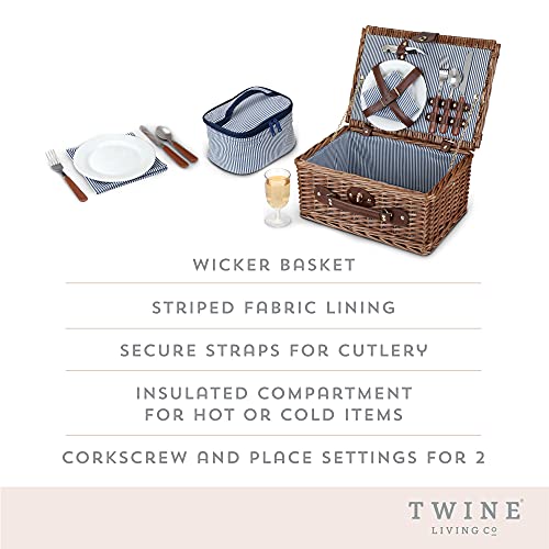 Twine Newport Picnic Basket, Wicker Basket with Place Settings, Wine Glasses, Corkscrew, Insulated Compartments, Set of 1 Basket,Brown - style: Newport Picnic Basket