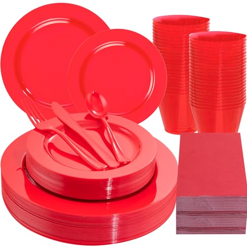 Gather 176 Pieces Red Plastic Plates- Red Heavy Duty Disposable Plates Dinnerware 50Plates, 75 Plastic Silverware, 25 Napkins, 25 Cups Bonus 1 Red Plastic Tablecloth for Party& Wedding &Mother's Day - color: Red, size: 25 Guests