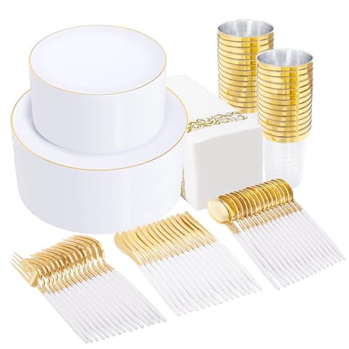 Supernal 350pcs Gold Plastic Dinnerware Set for 50 Guests,Fancy Disposable Plates for Party,Gold Plastic Silverware with White Handle,Disposable White Plates Wedding,Birthday - color: 350pcs White and Gold Plastic Dinnerware Set
