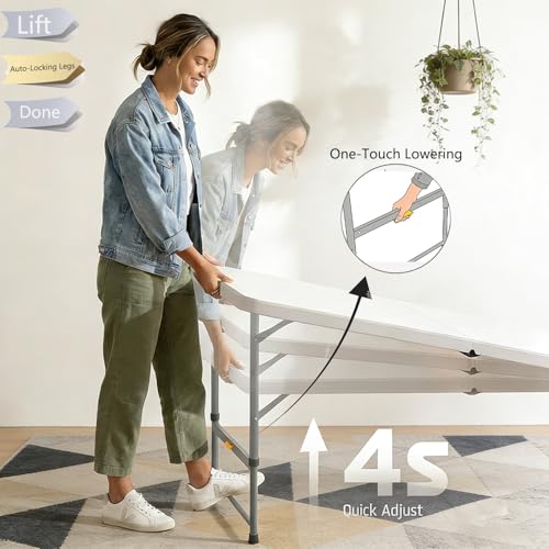 4FT Heavy Duty Folding Table, Fold-in-Half Portable Plastic Utility Table with Carry Handle & Adjustable Height Locking Legs, Indoor Outdoor Table for Watch Party, BBQ, Picnic, Camping, Events, Dining - color: White, size: 4FT