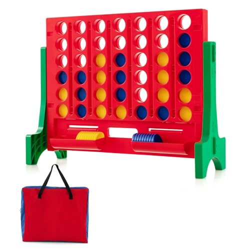 COSTWAY Giant 4-in-a-Row Game with Storage Carry Bag, Jumbo 4-to-Score Game with Chess, Quick Release Slider for Kids Adults, Indoor Outdoor Backyard, Free-Standing/Wall-mounting (Red&Green) - color: Red&green