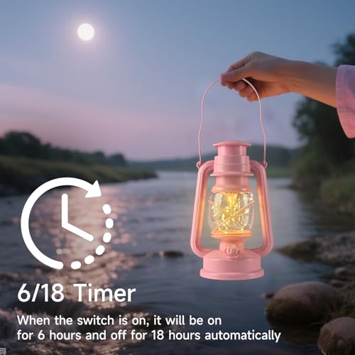Outdoor Lanterns,Vintage Lantern with 20 LED Lights Silver Wire,9.5" H Light LED Lanterns for Outdoor & Indoor with Timer,Battery Powered Lantern,Hanging Lights for Camping Garden,Pink 2 Pack