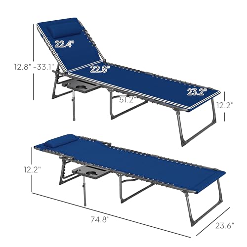 Outsunny Folding Chaise Lounge Chair Outdoor Tanning Chair with Side Table, 5-Level Adjustable Beach Lounge Chair with Headrest, Side Pocket for Patio, Backyard, Beach, Poolside, Dark Blue - color: Dark Blue