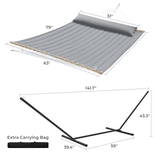 SUPERJARE Hammock with Stand, 2 Person Quilted Outdoor Hammock, Detachable Pillow & Bamboo Spreaders, Portable Hammock with Carrying Bag, Heavy Duty Stand, Perfect for Outside, Patio, Gray - color: Grey, size: 62.9"w × 78.7''d × 43.3''h