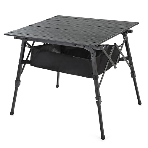 ARROWHEAD OUTDOOR 39" Aluminum Folding Camp Roll Up Table w/Adjustable Height, Undertable Mesh Storage, Carry Bag - color: Black