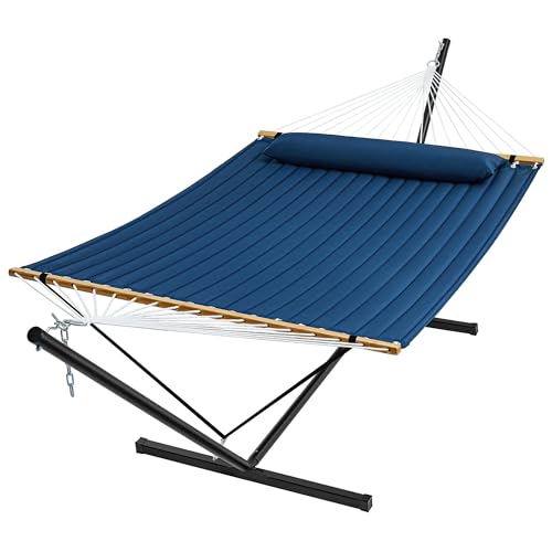 SUPERJARE Hammock with Stand, 2 Person Quilted Outdoor Hammock, Detachable Pillow & Bamboo Spreaders, Portable Hammock with Carrying Bag, Heavy Duty Stand, Perfect for Outside, Patio, Navy Blue - color: Navy Blue, size: 55.1"W × 74.8''D × 43.3''H
