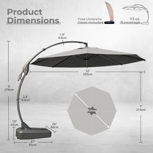 Grand patio 12FT Outdoor Offset Umbrella Large Round Aluminum Cantilever Umbrella with Base for Garden Deck Poolside (Gray, 12 FT) - color: Gray, size: 12 FT