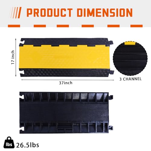 2PACK 3 Channel Cable Protector Ramp, Heavy Duty Rubber Driveway Cord Cover, Anti-Slip Wire Protector for Cables & Hoses, Indoor/Outdoor Safety Cover for Warehouse Garage - style: 3Channel x 2Pack