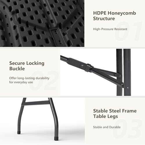 5ft Folding Table, Heavy Duty Plastic Card Table with Foldable Steel Legs, Metal Frame Support up to 500 lb, Portable for Indoor, Outdoor, Picnic, Camping, Dining, Party, Black - color: Black, size: 5FT