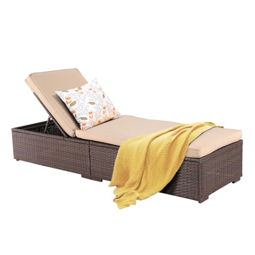 Patiorama Patio Chaise Lounge Chair, Sun Lounger, Outdoor Pool Beach Brown PE Rattan Wicker Reclining Chair W/Adjustable Backrest, Weather Cover, and Removable Cushion (Beige) - color: Brown