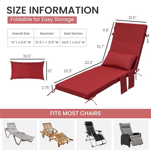 Crestlive Products Foldable Outdoor Chaise Lounge Cushions with Head Pillow and Side Pockets, Water Resistant & Fade Resistant Lounge Chair Cushion, 72''L x 21''W, Set of 2, Chili - color: Chili, size: 72"l X 21"w
