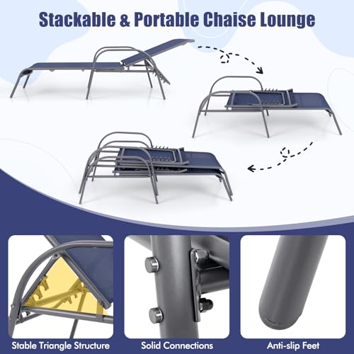 Tangkula Outdoor Lounge Chair, Patio Chaise Lounge with Adjustable Backrest, Reclining Pool Lounge Chair for Outside with Heavy Duty Steel Frame for Beach, Yard, Balcony, Poolside (Navy) - color: Navy