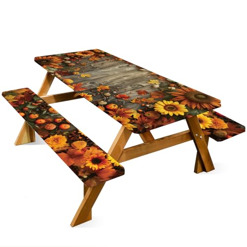 ANNA QUEEN Autumn Harvest Picnic Table Cover Set, 6FT Rustic Fall 3PCS 72"x30" Waterproof Tablecloth with Bench Covers for Camping Thanksgiving & Outdoor Events - color: #6