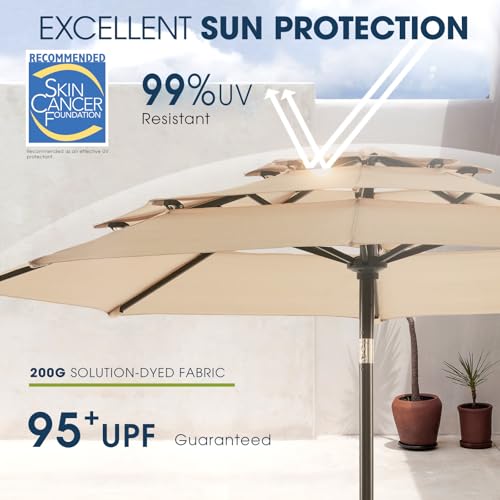 wikiwiki 9 FT Patio Umbrellas 3-Tiers Outdoor Table Market Umbrella with Push Button Tilt/Crank, Fade Resistant Waterproof POLYESTER DTY Canopy for Garden, Lawn, Deck, Backyard & Pool, Cream - color: Cream, size: 9 FT