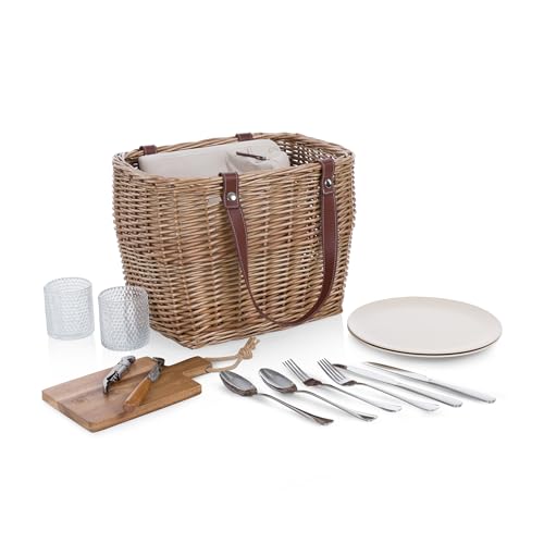 Picnic TIME Terrabella Handwoven Picnic Basket, Earth Friendly Basket, Made from Recycled Materials, Upcycled Picnic Basket, (Beige)