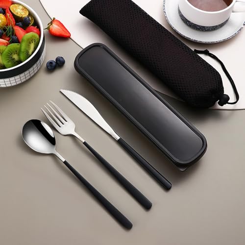 VANRA 3-Piece Portable Travel Utensils Set with Case 18/8 Stainless Steel Flatware Set Reusable Cutlery Set with Fork Spoon Knife for Lunch Travel Camping School Work Picnic (Black) - color: Black, size: Fork Spoon Knife