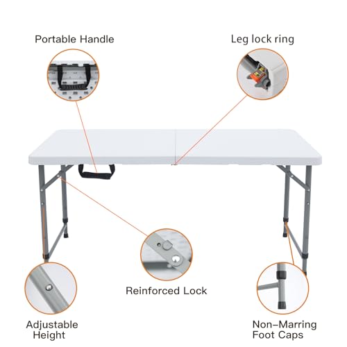 Lakhow Folding Table 4 Foot Portable Heavy Duty Plastic Fold-in-Half Utility Table with Carrying Handle,Indoor Outdoor Small Adjustable Height Folding,Camping and Party,White - color: 4ft-white