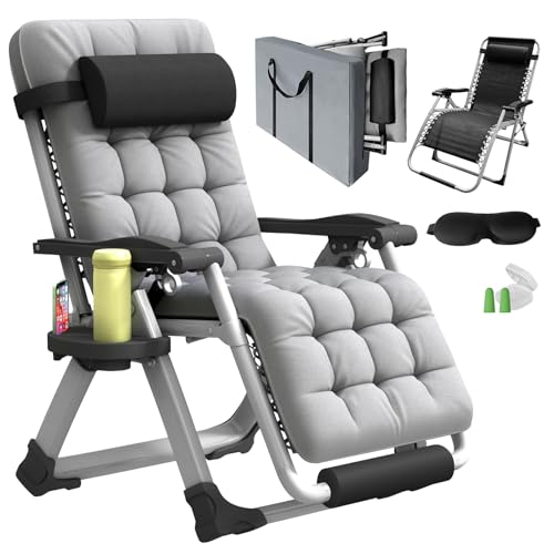Oversized Zero Gravity Chair, XL Lounge Chair 29” Width, Padded Reclining Camping Chair W/Removable Cushion & Adj Headrest, Storage Bag, Footrest Cushion, Cup Holder, for Indoor Outdoor, Gray - color: 29in - Grey