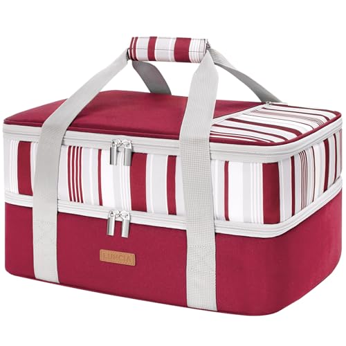 LUNCIA Insulated Double Decker Casserole Carrier, Lasagna Lugger Tote Keeps Food Hot or Cold, Thermal Lunch Bag for Potluck Parties, Picnic and Cookouts, Fits 9" x 13" Baking Dish, Red - color: Red, size: 15.7 x 11.4 x 8.3inch