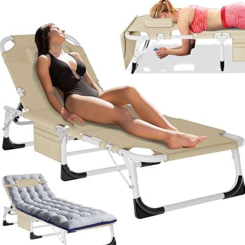 MOPHOTO Tanning Chair, Outdoor Sunbathing Lounge Chair 5-Position, Folding Chaise Lounger, Sun Tanning Lounger with Face Hole, Perfect for Pool Beach Patio - color: Oatmeal, style: Sunbather Lounge