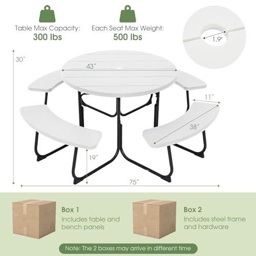 Giantex Picnic Table Set for Up to 8 Persons, Round Outdoor Table and Bench Set with Umbrella Hole, HDPE Top & Metal Frame, 2000LBS Capacity, Patio Table Bench for Deck Backyard Garden (White) - color: White, size: Round-43"x43"x30"