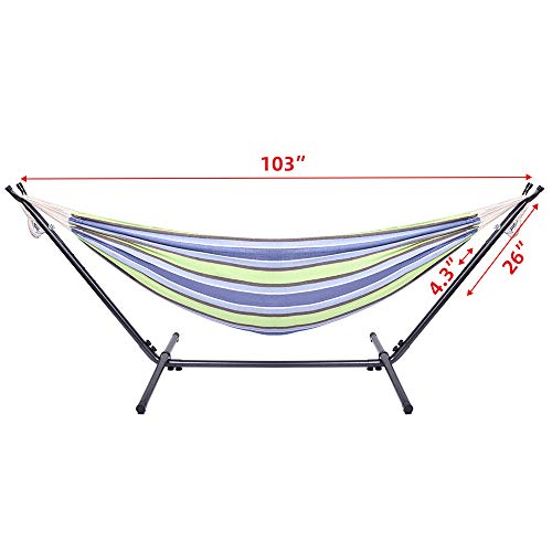 Double Hammock with Steel Stand, Adjustable Hammock Bed,Portable Outdoor Polyester Hammocks Set,2-Person Heavy-Duty Hammocks for Camping Garden Backyard Patio,250lbs Capacity (Green Stripe) - color: Green Stripe