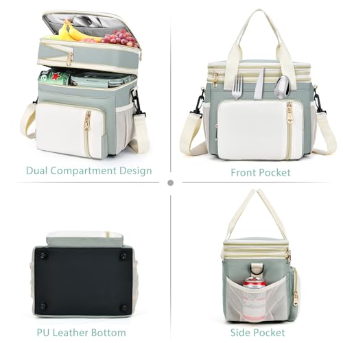 Lunch Box & Lunch Bag for Women Men, Expandable Large Insulated Adult Lunch Bag with Strap, Double Deck Leakproof Lunchbox Durable Cooler Bags for Work Picnic Beach,16L, Olive Green & White - color: Olive Green