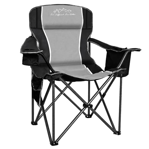 Camping Chair Portable Folding Outdoor Chair Heavy Duty Padded Chairs Lawn Chair with Cup Holder, Storage Pocket and Cooler Bag, Supports 500 LBS, Black - color: Black