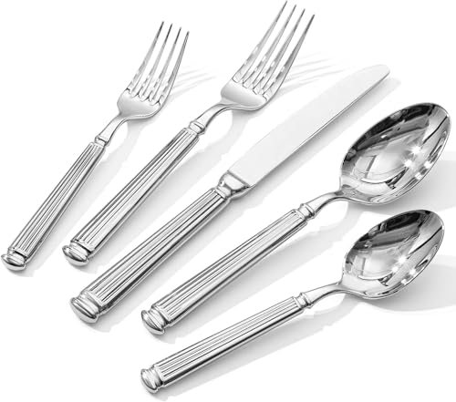 KINGSTONE Silverware Set, 30-Piece 18/10 Stainless Steel Flatware Set - Roman Column Embossed Thick Handle, for Wedding, Home, Restaurant, Kitchen and Party, Mirror Polish & Dishwasher Safe - size: 30-Piece