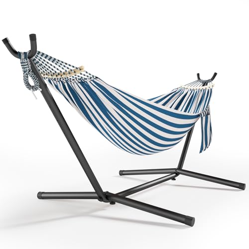 600lbs Hammock with Stand for Outside, 2 Person Portable Hammock with Side Storage, Carrying Bag, Expend Wooden Bar for Outdoor or Indoor (Blue White) - color: Blue White