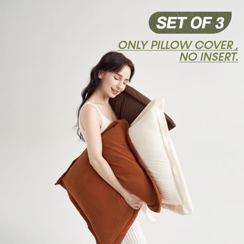 COCO TOP Set of 3 Super Soft Striped Corduroy Throw Pillow Covers 20x20inch, Decorative Boho Square Pillow Covers for Sofa Couch Aesthetic Decor Bedroom Living Room (Earthy Brown, Rust & Cream) - color: Dark Brown/Rust/White, size: 20" x 20" (Pack of 3)