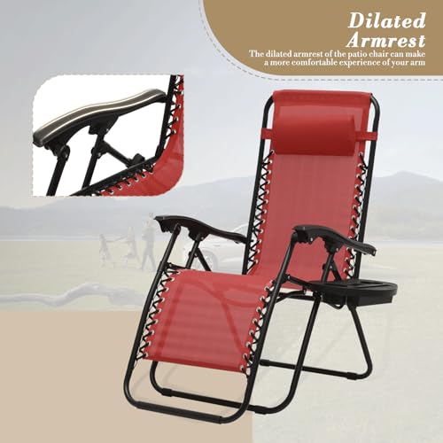 Athena Collection Zero Gravity Outdoor Lounge Chair Set of 2 with Side Table, 25" Width Pool Lounge Lawn Chairs Reclining with Cup Holder, Outdoor Chaise for Beach Patio Backyard Outside, Dark Red - color: Dark Red, style: 25" Width