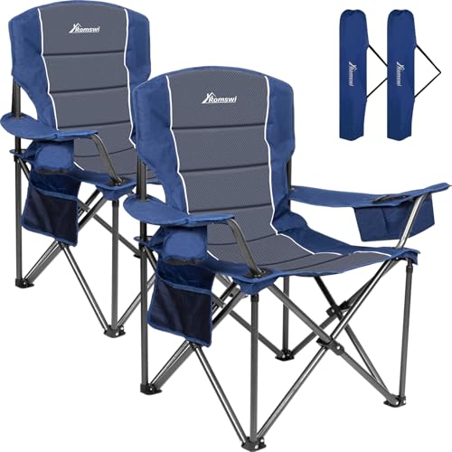 Romswi Oversized Camping Chairs,Heavy Duty Support 500 LBS,Padded Back & Arm Sport Chairs, Cup Holder Cooler Bag, Collapsible Folding Chairs for Outdoor, Fishing & Garden, Blue,2-Pack - color: Blue