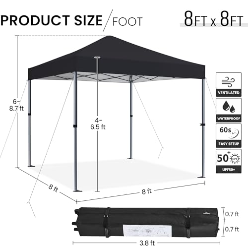 Yaheetech 8x8 Pop Up Canopy Easy Set-up Tent, Portable Outdoor Canopy Instant Tent, Commercial Gazebo with Wheeled Carry Bag & 4 Sandbags for Home, Party & Outdoor Activities, Black - color: Black, size: 8x8