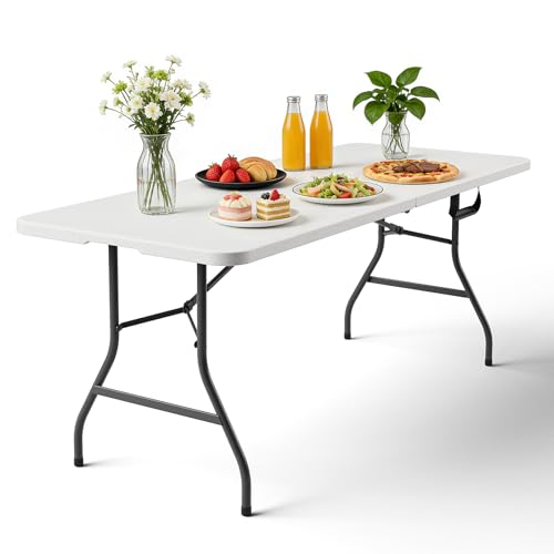 Folding Table 72" x 30" - Heavy Duty Plastic Table with Handle, Foldable & Portable, Fold-in-Half Utility Tables for Outdoor, Dining, Wedding, Events, Indoor, Picnic, Camping, Party (White) - color: White, size: 72in x 30in