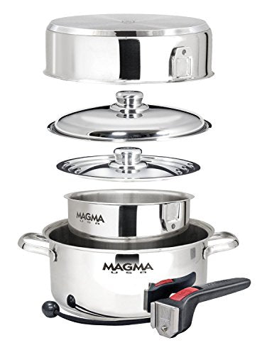 Magma 7 Piece Gourmet Nesting Stainless Steel Cookware Set, Induction Compatible, Oven Safe to 500°F - Suitable for All Stovetops, Removable Handles, Black - color: Stainless Steel, style: 7 Piece