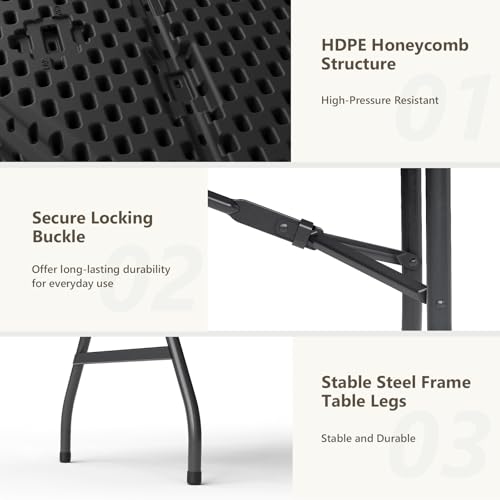 6ft Folding Table, Heavy Duty Plastic Card Table with Foldable Steel Legs, Metal Frame Support up to 600 lb, Portable for Indoor, Outdoor, Picnic, Camping, Dining, Party, Black - color: Black, size: 6FT