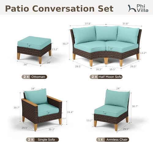 PHI VILLA 7-Piece Wicker Patio Furniture Set, Outdoor Half-Moon Curved Sectional Sofa with Thick Aqua Blue Cushions, 2 Ottomans, 2 Single Seats, Large Conversation Seating for Garden or Backyard - color: Aqua Blue, size: 9 Seats - Curved