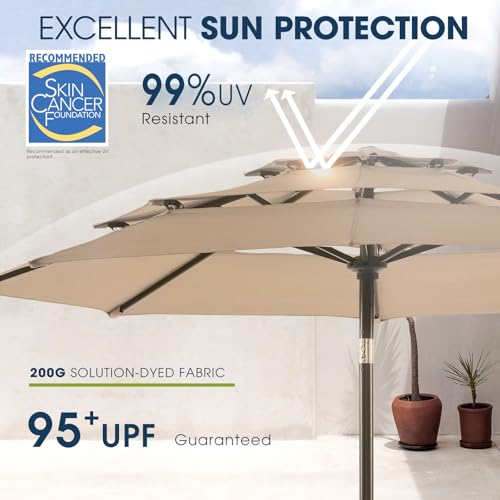 wikiwiki 10ft 3-Tier Patio Umbrella Outdoor Table Market Umbrella for Patio with Push Button Tilt/Crank, Fade Resistant Waterproof POLYESTER Canopy for Garden, Lawn, Deck, Backyard & Pool, Tan - color: Tan, size: 10 FT