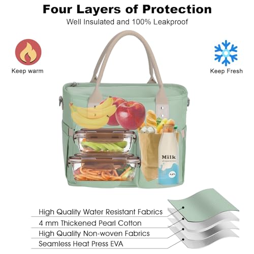 Hafmall Large Insulated Lunch Bag for Women, Leakproof Lunch Box for Men, Wide Opening Lunch Tote Bag with Shoulder Strap, Reusable Adult Lunch Bag For Work, Picnic, Green - color: Green