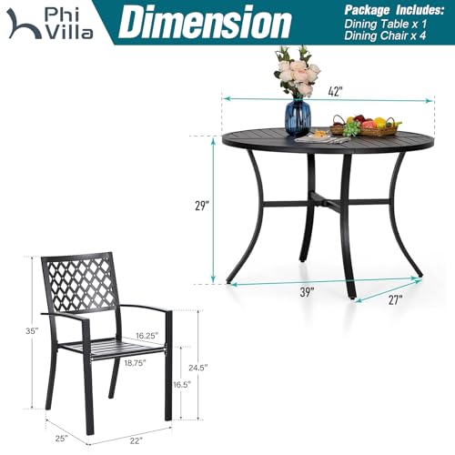 PHI VILLA 5 Pieces Outdoor Round Dining Set for 4, Metal Steel Circle Table with Umbrella Hole & Stacking Wrought Iron Chairs, Modern Furniture Set for Patio, Deck, Backyard, Porch - color: Net Back Chair, size: 5PCS-42" Round Table