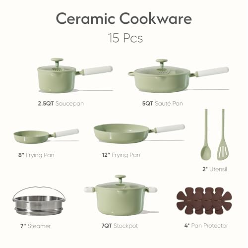 CAROTE Pots and Pans Set Non stick, 15pcs Ceramic Cookware Set Nonstick Non Toxic Cookware,Dishwasher,RV/Camping Cookware Set,Green - color: Green