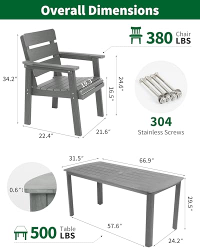 7-Piece Outdoor Dining Set, All-Weather HIPS Patio Table & Chairs for 6, Outdoor Furniture with Umbrella Hole, Ideal for Garden, Poolside, Backyard, Deck, Dark Gray - color: Dark Gray, size: 7 Pcs (1t+6c)