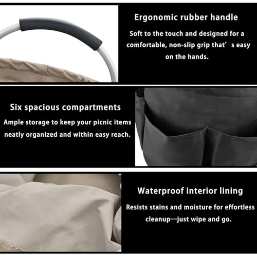 17L Collapsible Picnic Basket with 6 Pockets, Portable & Reusable Handheld Basket for Outdoor, Camping, Picnics, Shopping, Travel, and Storage (Black)