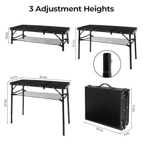 Folding Camping Table with Storage Net,3ft Portable Aluminum Folding Table with 3 Adjustable Height Max 27.3 Inch for Outdoor Backyard BBQ Picnic Cooking Tents Beach Indoor Bedroom（Black） - color: Black
