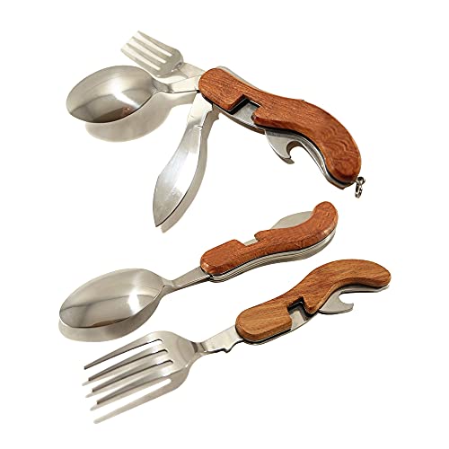 4-in-1 Camping Tableware Utensils, Portable & Detachable Stainless Steel Spoon Fork Knife & Bottle Opener Combo Set - Travel, Backpacking Cutlery Multitool